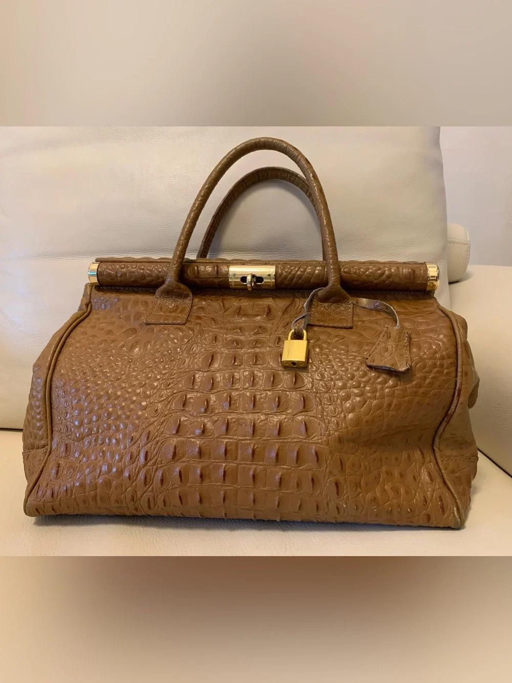 Old Florence Leather Croc Embossed Handbag Brown Naturally Dyed & Treated Italy